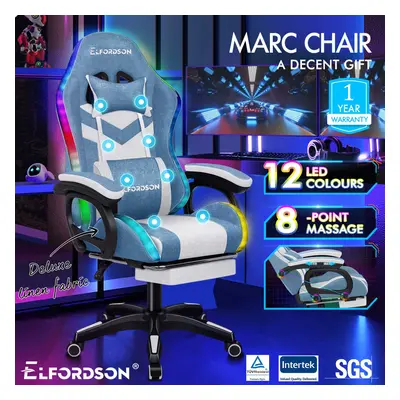 ELFORDSON Gaming Office Chair RGB LED Massage Footrest Fabric Blue