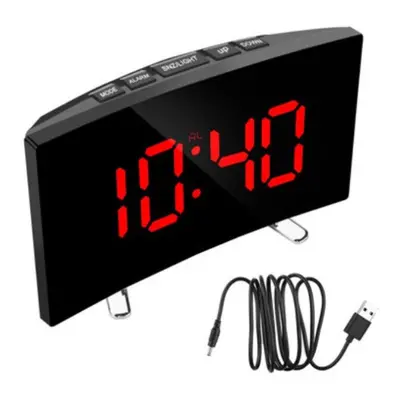 (Red) LED Digital Alarm Clock with Mirror, USB Charging, Adjustable Brightness, Music Options, a