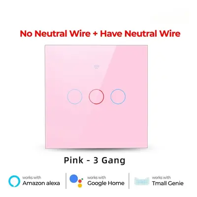 (3 Gang Pink) WiFi Light Switch 220V RF433 Remote Control No Neutrual Wire And Have Neutural Wir