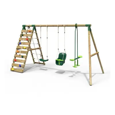 (Sienna, Green) Rebo Wooden Swing Set with Up and Over Climbing Wall