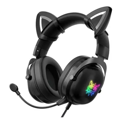 (Black) Wired Headset Stereo Gaming Headphone Cat Ear Cute RGB Luminous 3.5mm Wired Adjustable O