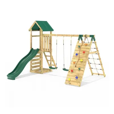 (Greenhorn) Rebo Challenge Wooden Climbing Frame with Swings, Slide and Up & Over Climbing Wall