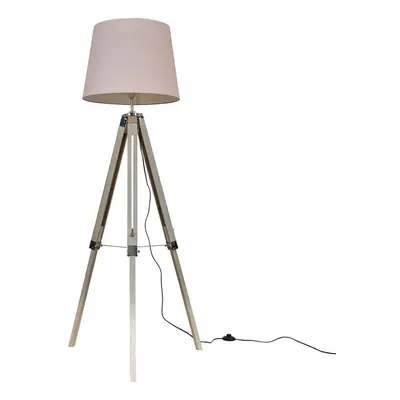 Modern Distressed Wood and Silver Chrome Tripod Floor Lamp with a Pink Tapered Light Shade