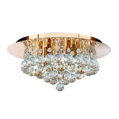 Traditional Gold Crystal Flush Light With Round Drops