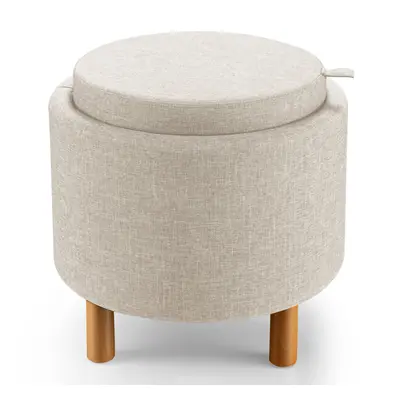 Round Storage Ottoman with Tray Fabric Sitting Stool w/ Soft Padding