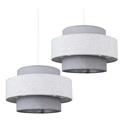 Pair of - Modern Cylinder Ceiling Pendant Light Shades in a Dark Grey & Light Grey Herringbone F