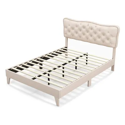 (Double, Beige) Bed Frame Platform Bed w/Tufted Headboard Wooden Slats