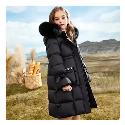 (Black, 9-10Years) Kids Girls Coat Fur Hooded Parka Jacket Warm Long