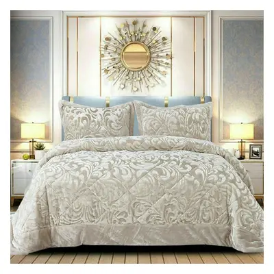 (Beige, Super-King) 3PCs Luxury Teddy Fleece Quilted Modern Bedspread