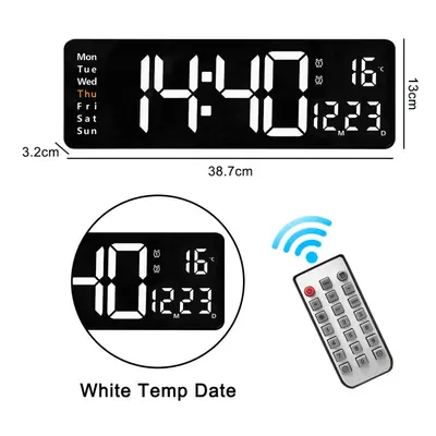 (Black white) 16-Inch LED Digital Wall Clock with Remote, Auto Brightness, Temperature, Date, We