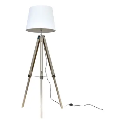 Modern Distressed Wood and Silver Chrome Tripod Floor Lamp with a White Tapered Light Shade - Co