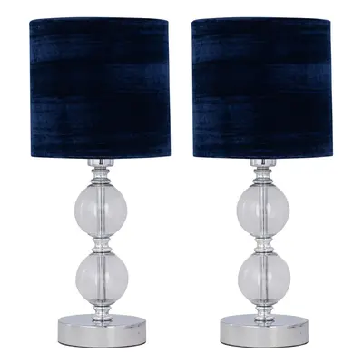 Set of Chrome Two Ball Table Lamp with Navy Blue Crushed Velvet Shades