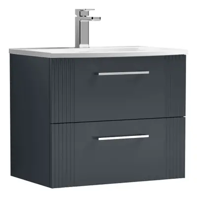 Retro Drawer Wall Hung Vanity Unit with Curved Tap Hole Ceramic Basin - 600mm - Satin Soft Black