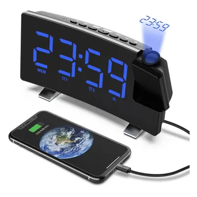 (Blue) 8-Inch Projection Alarm Clock: Projector, FM Radio, Snooze, USB Charger & 3-Level Brightn