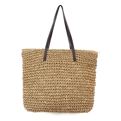 (Light Brown) Outdoor Portable Straw Weave Handbag Tote Beach Bag Pack Pouch Shoulder Bag