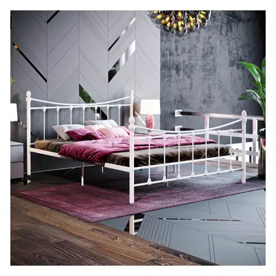 (King Size, White) Paris Metal Bed Frame Curved High Foot Slatted