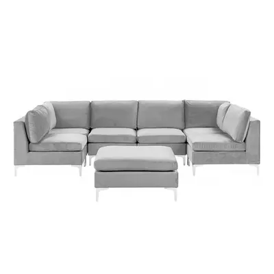 6 Seater U-Shaped Modular Velvet Sofa with Ottoman Grey EVJA