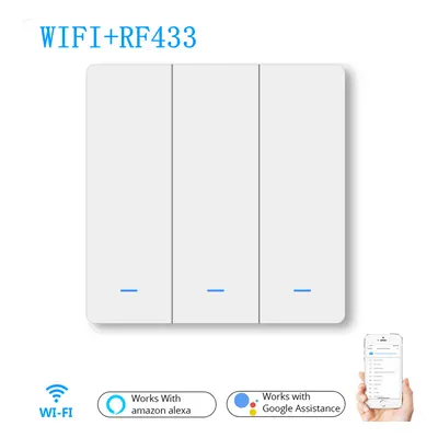 WiFi RF433 3Gang Push Button Wall Light Switch EU AC 100V-240V Smart Switch Compatible with Cont