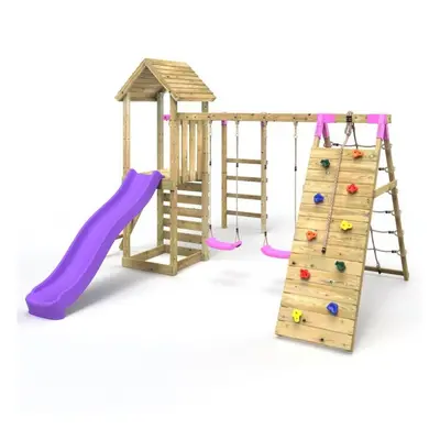 (Dolomite Pink) Rebo Wooden Climbing Frame with Swings, Slide, Up & over Climbing wall and Monke