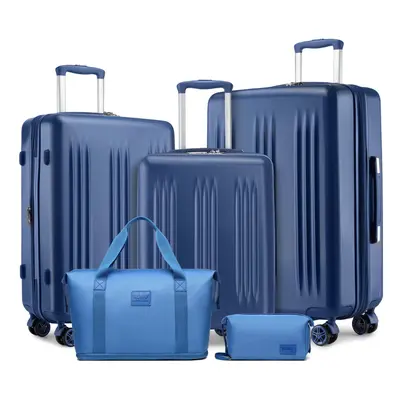 (Navy) 5Pcs Travel Set Expandable ABS+PC Luggage With Duffel Bag And Toiletry Bag