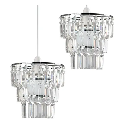 Pair of - Modern Tier Ceiling Pendant Light Shades with Clear Acrylic Jewel Effect Droplets - Co