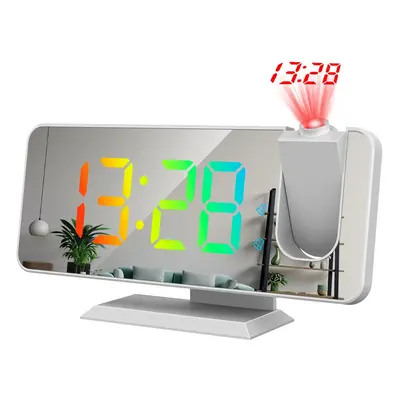 (White) RGB LED Projection Alarm Clock with Projector, Colors, Mirror Surface, Snooze, Clear Dis