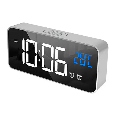 (Silver) Voice Control Alarm Clock Digital Snooze Mirror Timer LED Display Home Decoration Clock