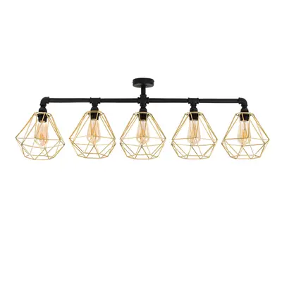 Industrial Way Satin Black Pipework Ceiling Light Gold Cage Shades