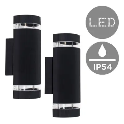 Pair of Modern Aluminium Curved Outdoor IP54 Rated Black Ribbed Contrasting Glass Shade Wall Lig