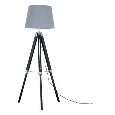 Modern Black Wood and Silver Chrome Tripod Floor Lamp with a Grey Tapered Light Shade - Complete