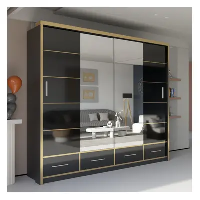 (203cm, Black ) Sydney High Gloss Sliding Mirror door wardrobe