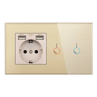 (Gold) EU Touch 146*86mm 220V 16A Sensor Switch with Socket with USB Crystal Glass Panel Wall So