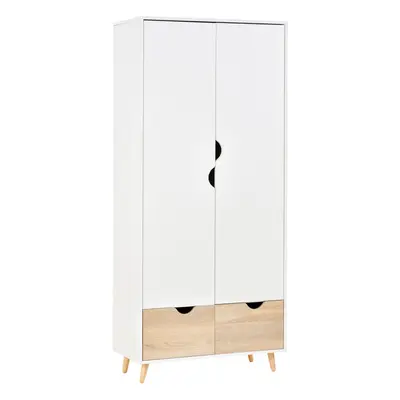 HOMCOM 2-Door Clothes Wardrobe w/ Rail Shelf Storage Drawers Wood Feet White