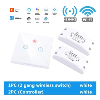 (1pc2 Gang switch+2pc controller white) WiFi Light Switch 220V RF 433MHz With Breakers Remote Co