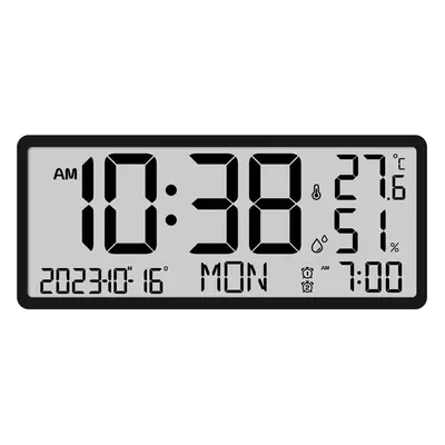 (Black) Large LCD Digital Wall Clock with Temperature and Humidity Display, Alarm, Desktop and H