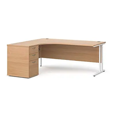 Mr Office Maestro left hand ergonomic desk with white cantilever frame and desk high pedestal bu