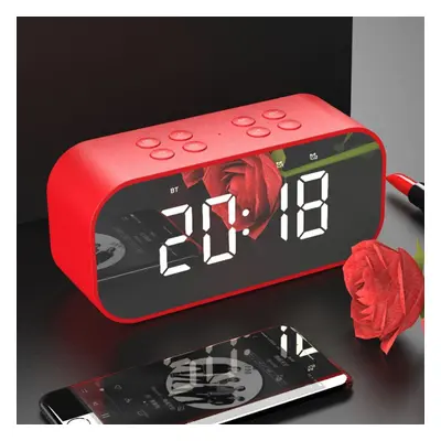 (Red) Wireless Bluetooth 5.0 Speaker Double Alarm Clock FM Radio Hi-Fi Music Column Subwoofer Ha