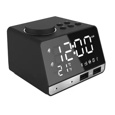 (Black, EU Plug) Bluetooth Speaker Alarm Clock USB Charging for Phone Portable FM Radio Subwoofe