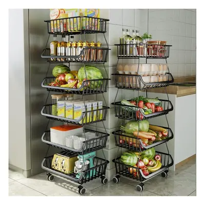 (6-Tier Baskets) Metal Wire Baskets Black Iron Wire Storage Bins with Wheels and Feet, Stackable