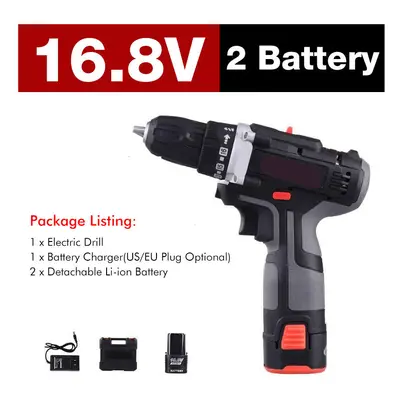 (Two Batteries, US Plug) 7500mAh Speed Electric Drill 25+3 Torque Power Driver Drills Multi-func