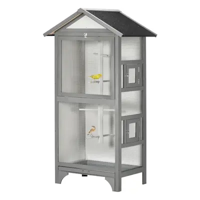 PawHut Wooden Bird Aviary, Outdoor Bird Cage for Finch, Canary w/ Tray - Grey