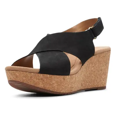 Clarks Women's Annadel Eirwyn Wedge Sandal Black Nubuck 9.5 Wide