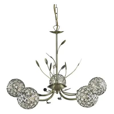 5 LIGHT CEILING PENDANT ANTIQUE BRASS WITH CLEAR GLASS DECO SHADES