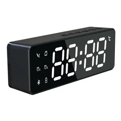 (Black) Wireless Bluetooth Speaker Bass Subwoofer FM Radio TF Card Dual Alarm Clock 10W LED Mirr