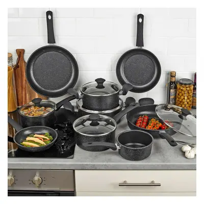 9xPcs Forged Carbon Casserole Pots Deep Frying Pans Saucepans Cooking Set