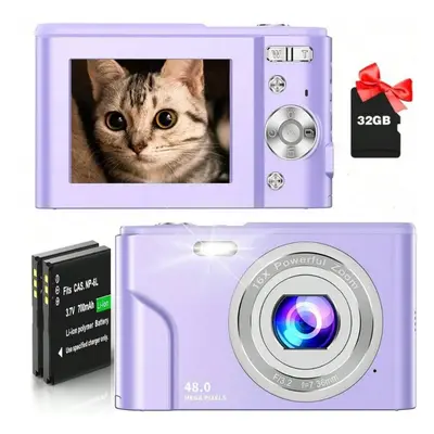 (Purple) FHD 1080P 48MP Digital Camera, 16X Zoom, Beginner-Friendly, Mini Camera with Batteries 