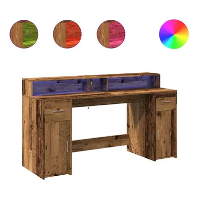 vidaXL Desk with LED Lights Writing Working Table Old Wood Engineered Wood