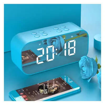 (Blue) Wireless Bluetooth 5.0 Speaker Double Alarm Clock FM Radio Hi-Fi Music Column Subwoofer H