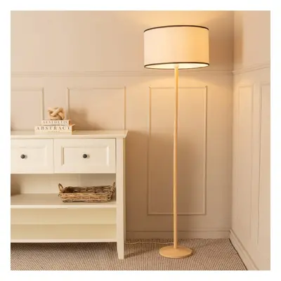 ValueLights Triston Linen Black Trim Shade Wooden Floor Lamp & Bulb