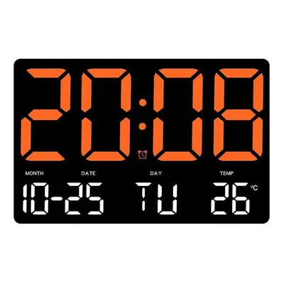 (Orange) Large Digital Wall Clock with LED Display, Adjustable Brightness, Indoor Temperature, D